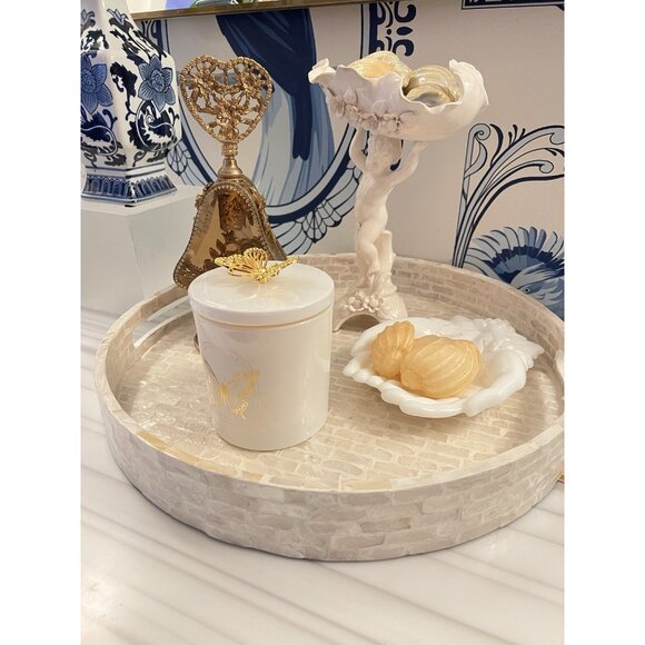 Round Mother Of Pearl Tray White Capiz Shell 16" D Ivory White Elegant Beautiful - Picture 2 of 11